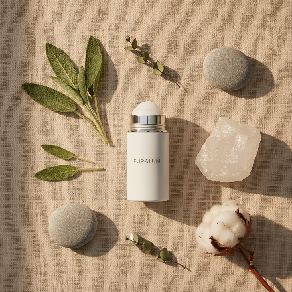 PURALUM flat lay with sage, pebbles and natural elements